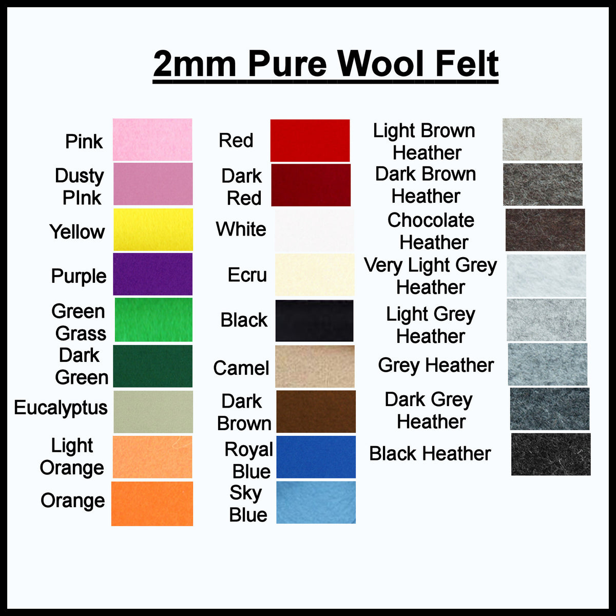 2mm 100% Pure Wool Felt - Choose your own colours - 1 square