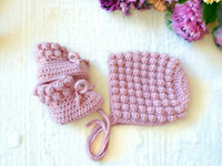 Bobble Bonnet & Booties, Pink crochet booties and bonnet