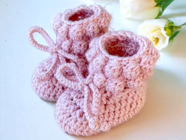 Bobble Bonnet & Booties, Pink crochet booties and bonnet