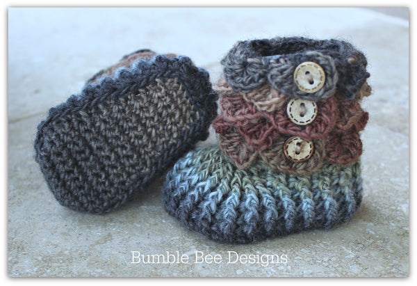 crocodile stitch baby booties that stay on, forest browns and olive, new baby gift, rainbow booties