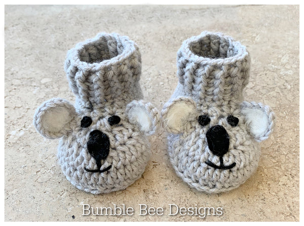 koala booties, crochet baby booties that stay on, baby slippers, light grey koala booties, soft australian merino wool