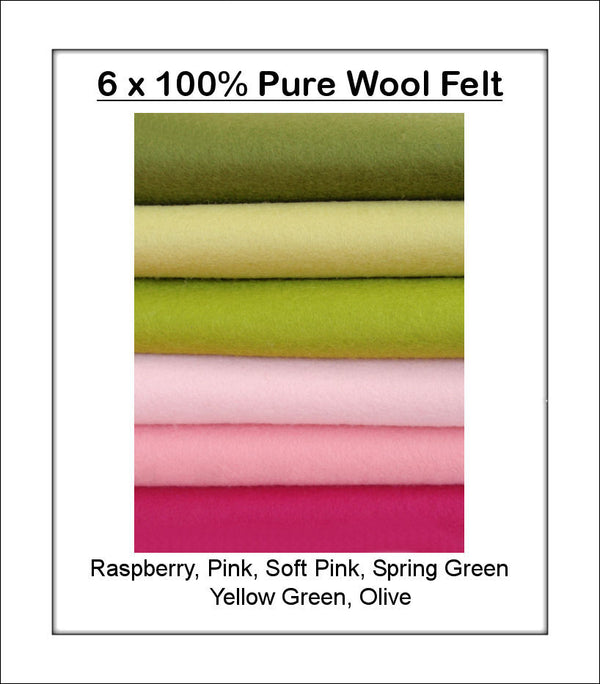 100% pure wool felt - pink & green shades - 6 squares