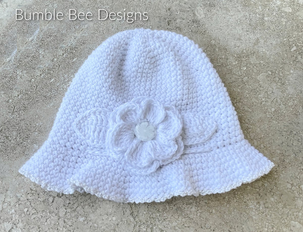 White Baby Sunhat - Cotton Baby Girl Bonnet - Flower Hat - Crochet Summer Brimmed