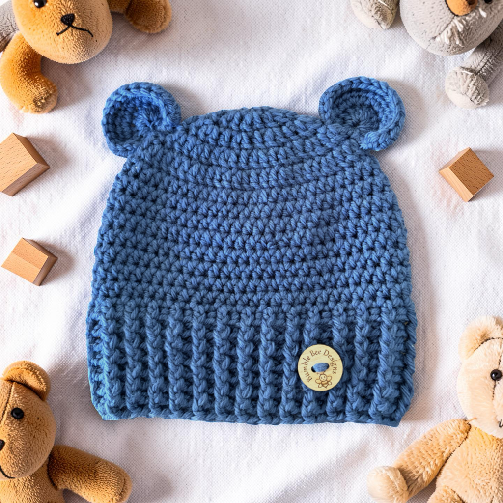 Handmade Crochet Teddy Bear Hat – Soft Denim Blue