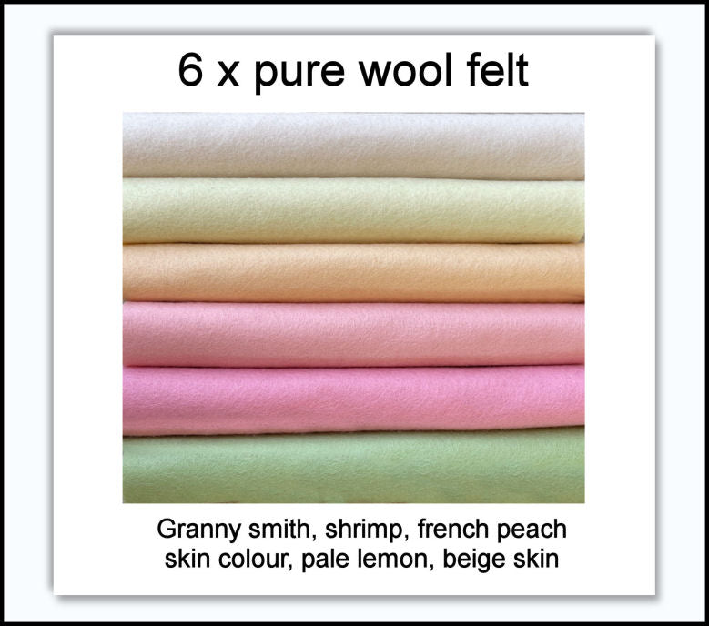 100% Pure Wool Felt - Pastel Shades -6 squares