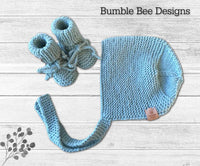 Hand Knitted Bonnet & Booties, Duck Egg Blue, Sizes 0-12 months