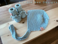 Hand Knitted Bonnet & Booties, Duck Egg Blue, Sizes 0-12 months