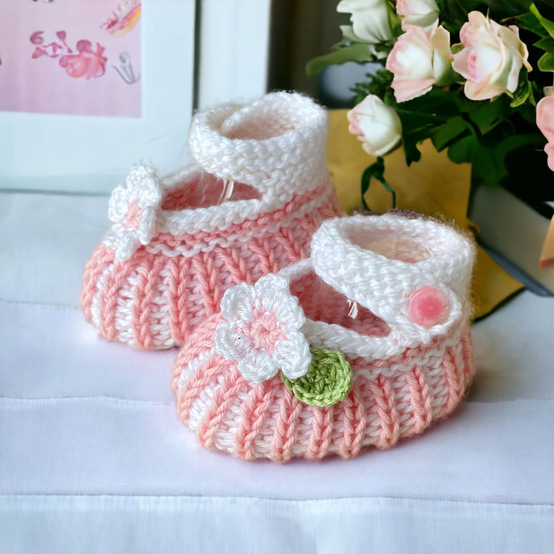 Cotton Hand Knitted Baby Girl Booties in Pink and White