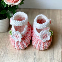 Cotton Hand Knitted Baby Girl Booties in Pink and White
