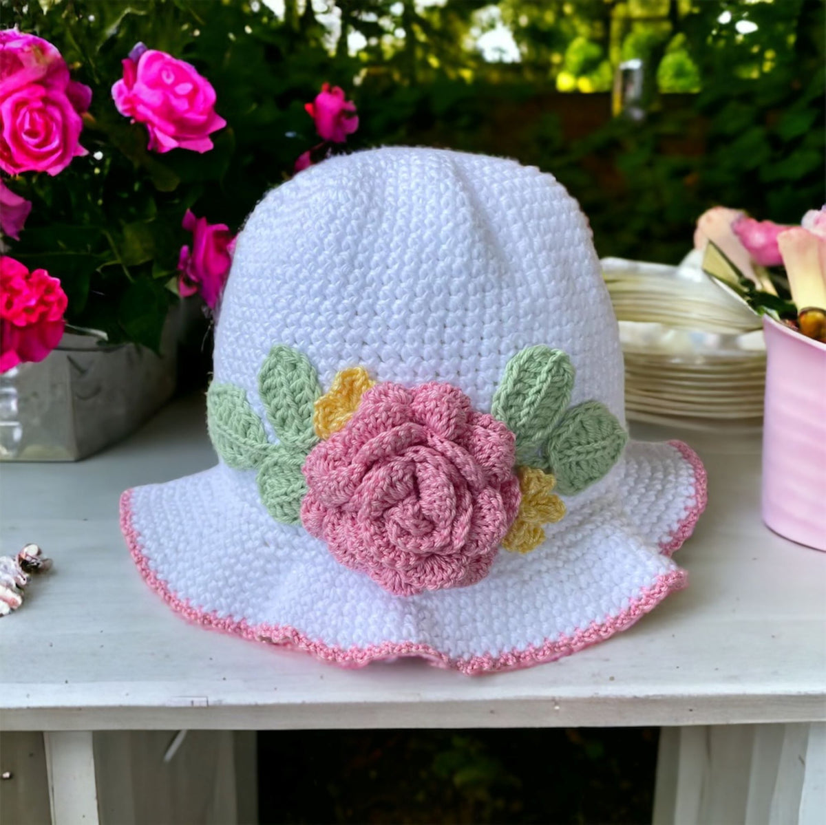 Pink Rose Baby Sunhat - Cotton Baby Girl Bonnet - Flower Hat - Crochet Summer Brimmed