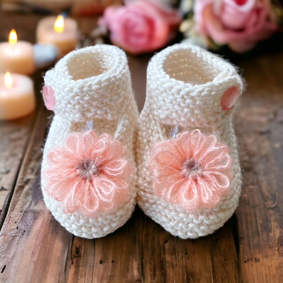 Knitted Cream Baby Booties with peach flower