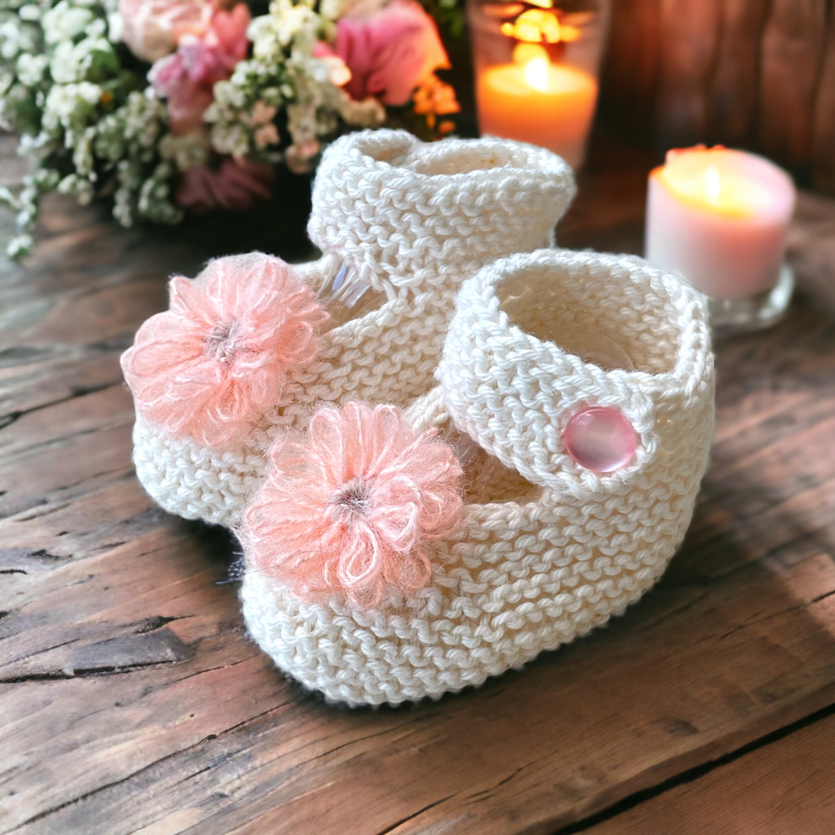 Bootees Baby's Knitted Cream Baby Booties with peach flower – BumbleBeeDesigns