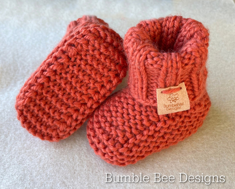 Hand Knitted Top Knot Hat and Matching Booties, Burnt orange