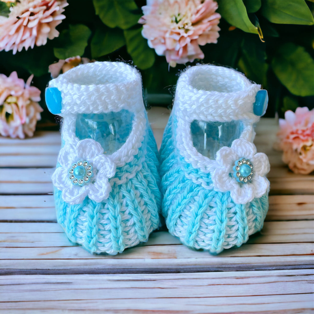 Cotton Knitted Baby Booties in Turquoise and White, Daisy Booties with rhinestones