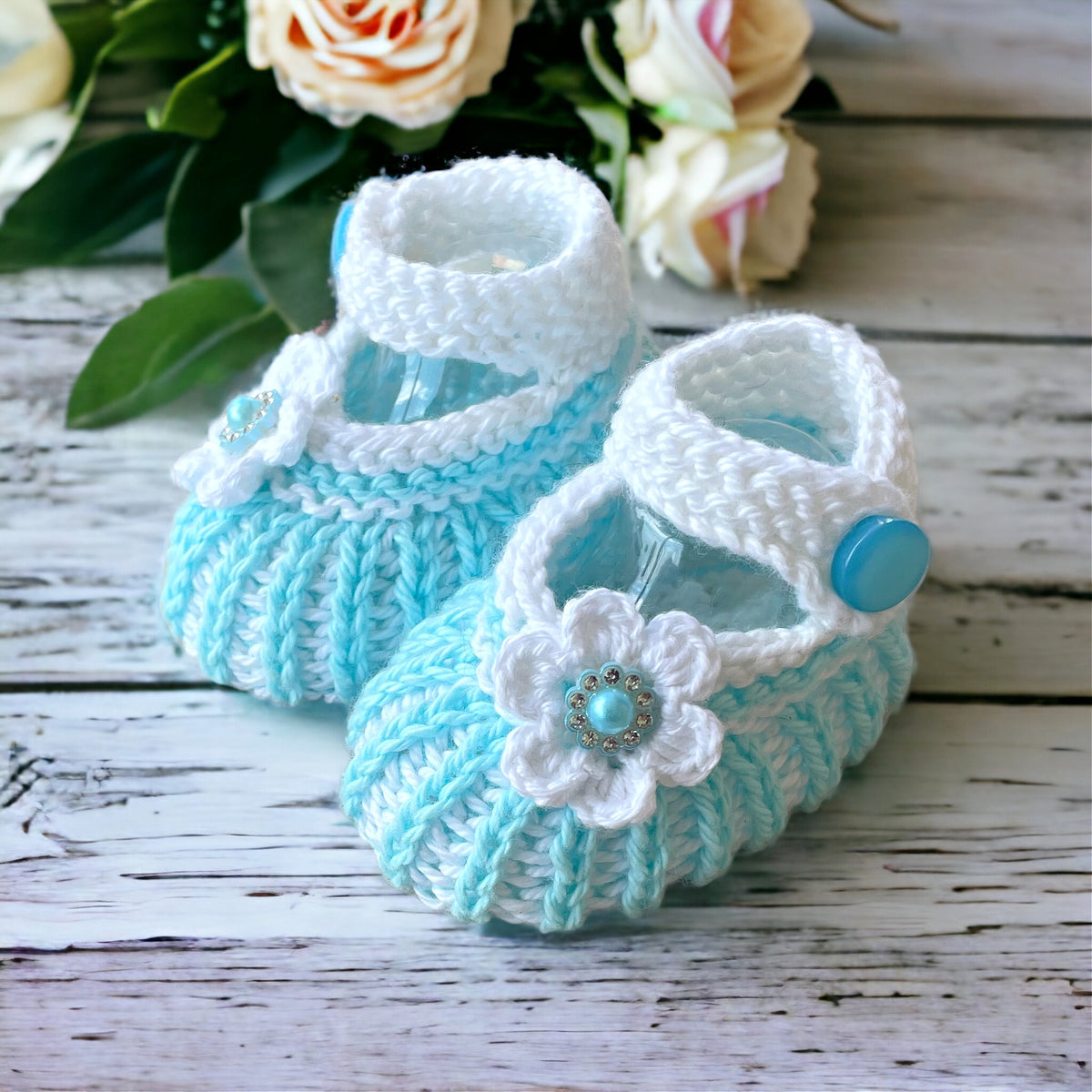 Cotton Knitted Baby Booties in Turquoise and White, Daisy Booties with rhinestones