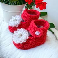 Ruby Red Knitted Baby Booties - Mary Jane Booties - Ruby Slippers