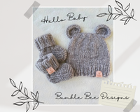 Hand Knitted Teddy Bear Hat and Matching Booties, tweed brown, sustainable wool