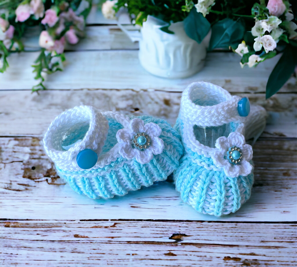 Cotton Knitted Baby Booties in Turquoise and White, Daisy Booties with rhinestones