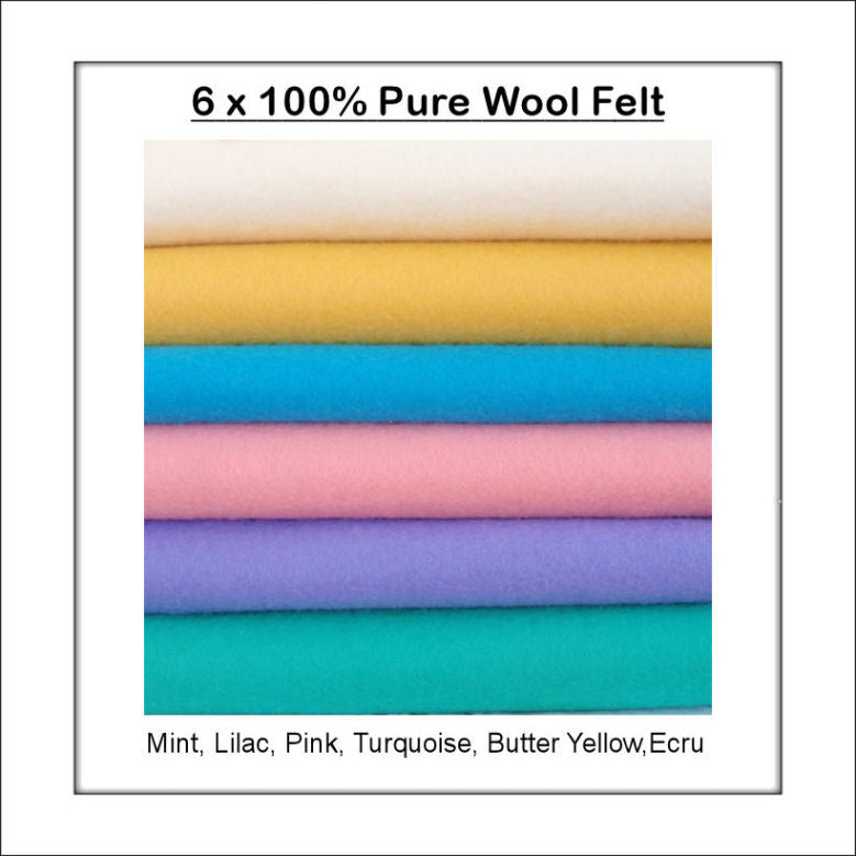 100% Pure Wool Felt - Pastel Shades - 6 squares