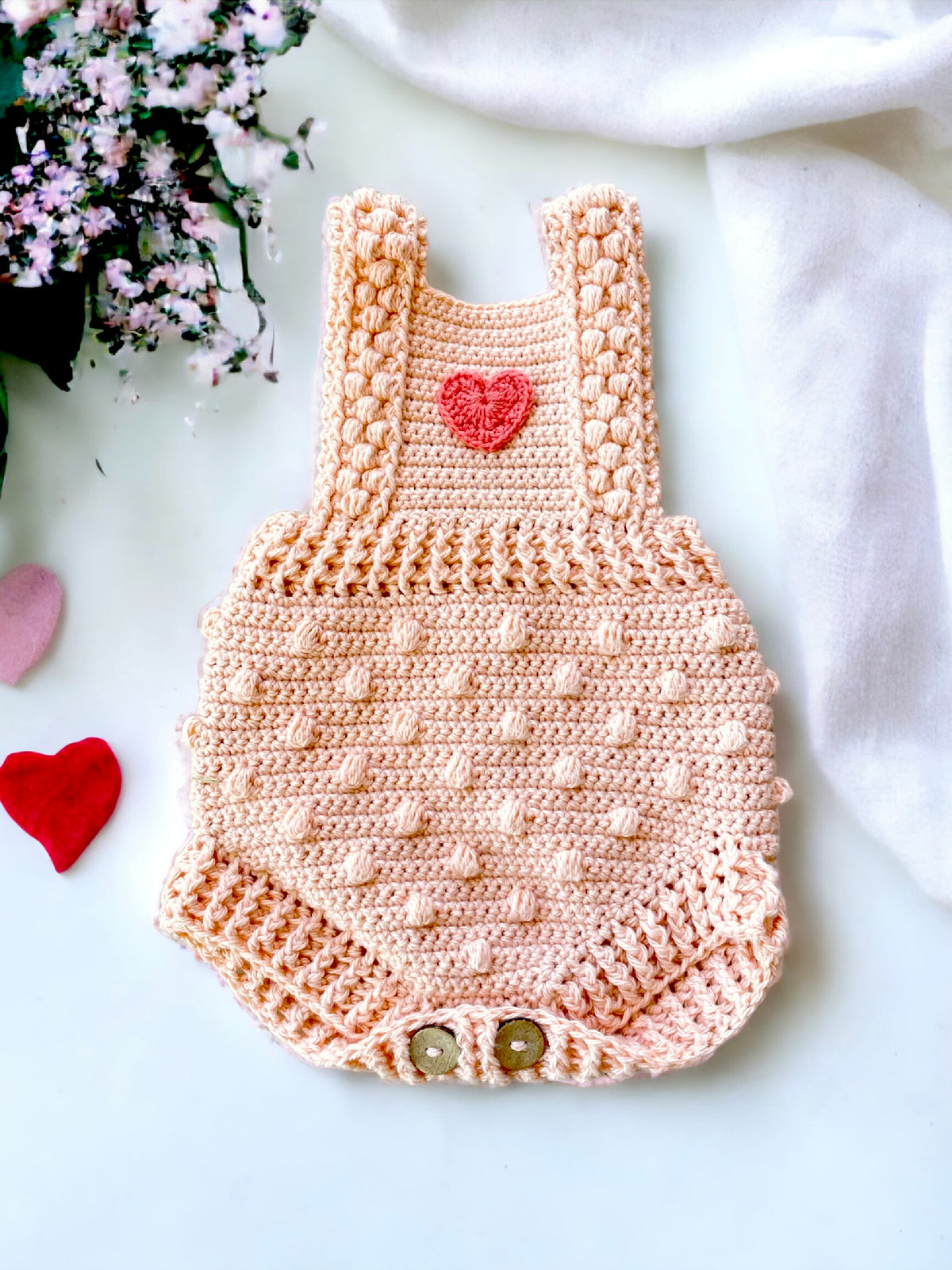 Crochet Cotton Bobble Baby Romper, Soft Peach with Heart applique