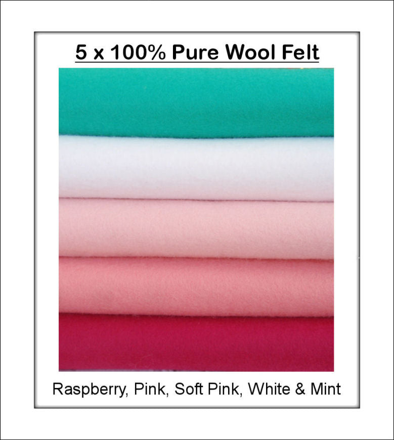 100% Pure Wool Felt - Pink & Mint Shades - 5 squares