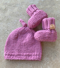 Hand Knitted Top Knot Hat and Matching Booties, Softest Australian Merino Wool