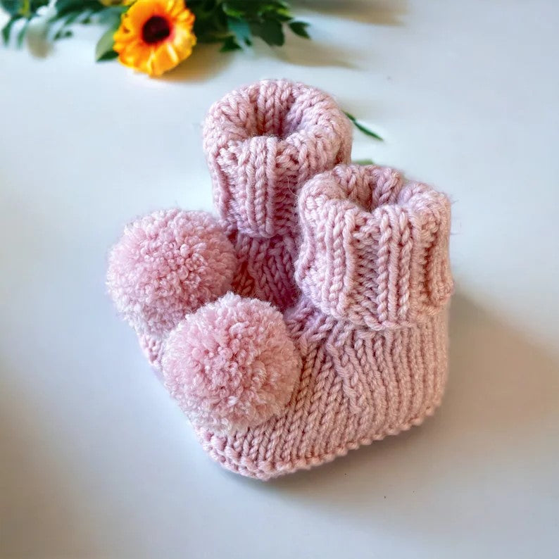 Hand Knitted Baby Booties - Stay on booties - Pom Pom Booties