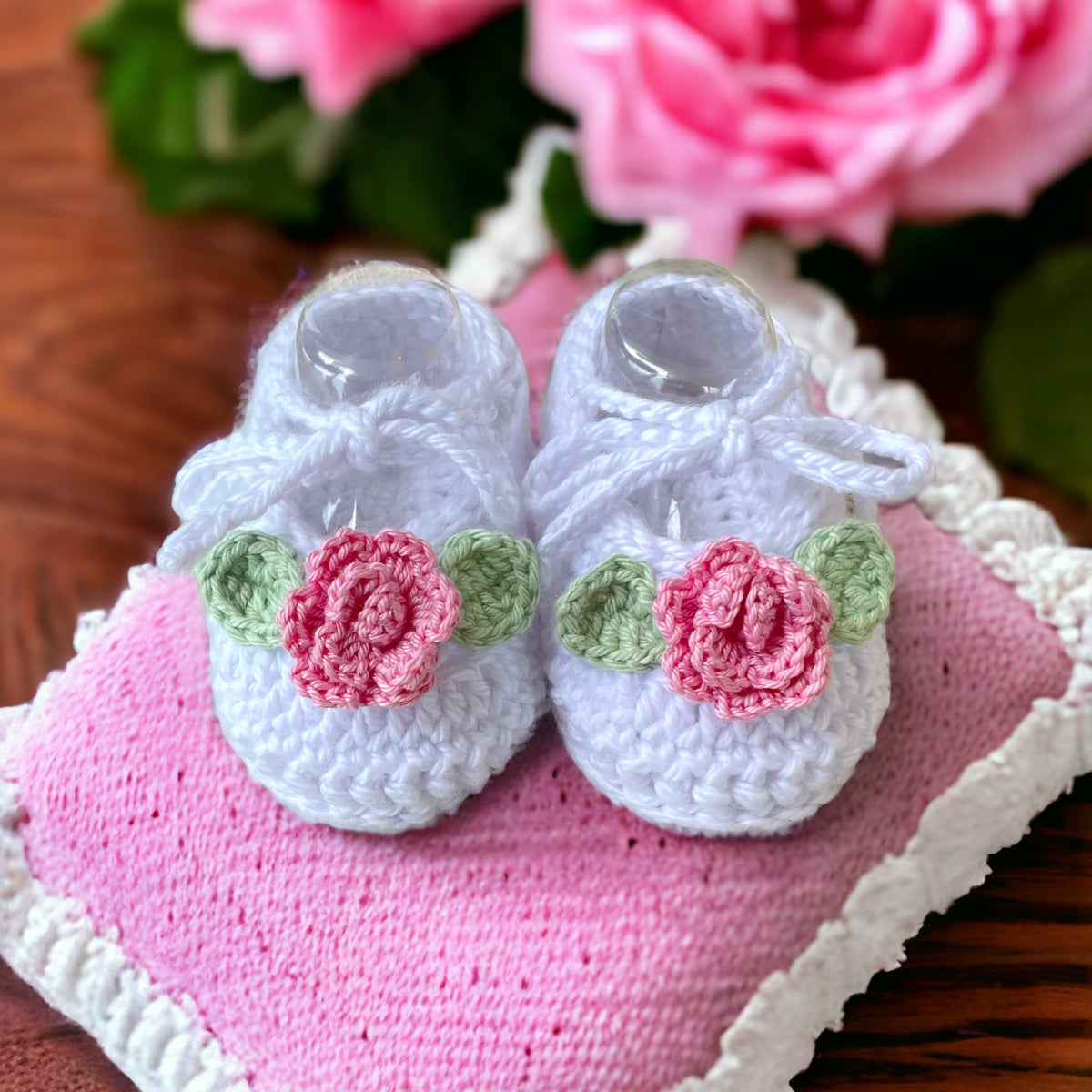 Crochet baby booties, Mary Jane rose shoes - Main Image