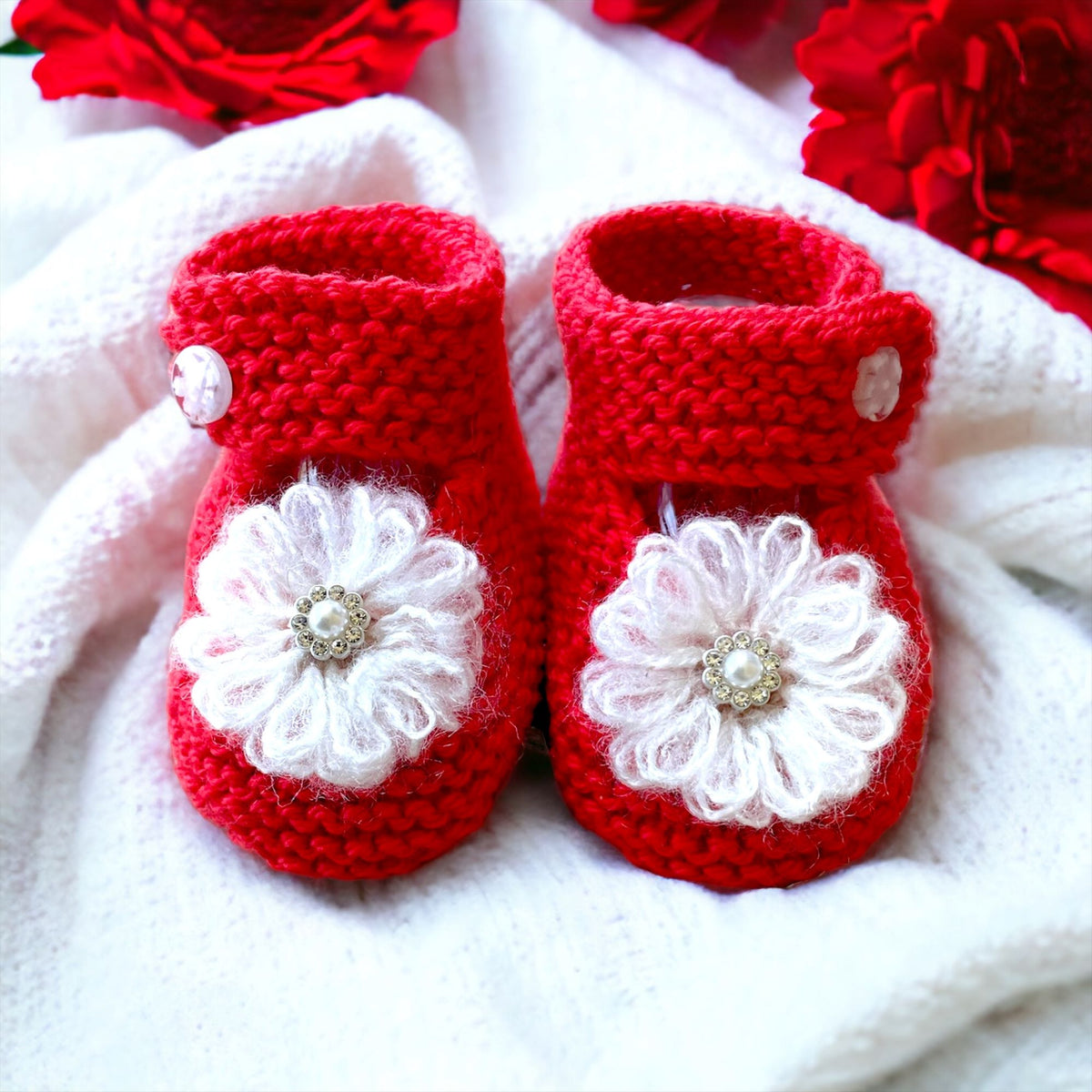 Ruby Red Knitted Baby Booties - Mary Jane Booties - Ruby Slippers