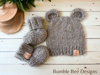 Hand Knitted Teddy Bear Hat and Matching Booties, tweed brown, sustainable wool