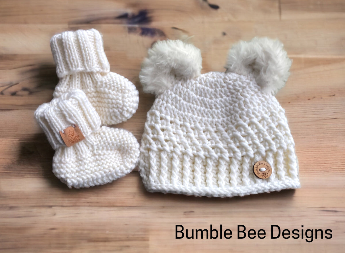 Luxurious Knitted Booties & Teddy Hat Set