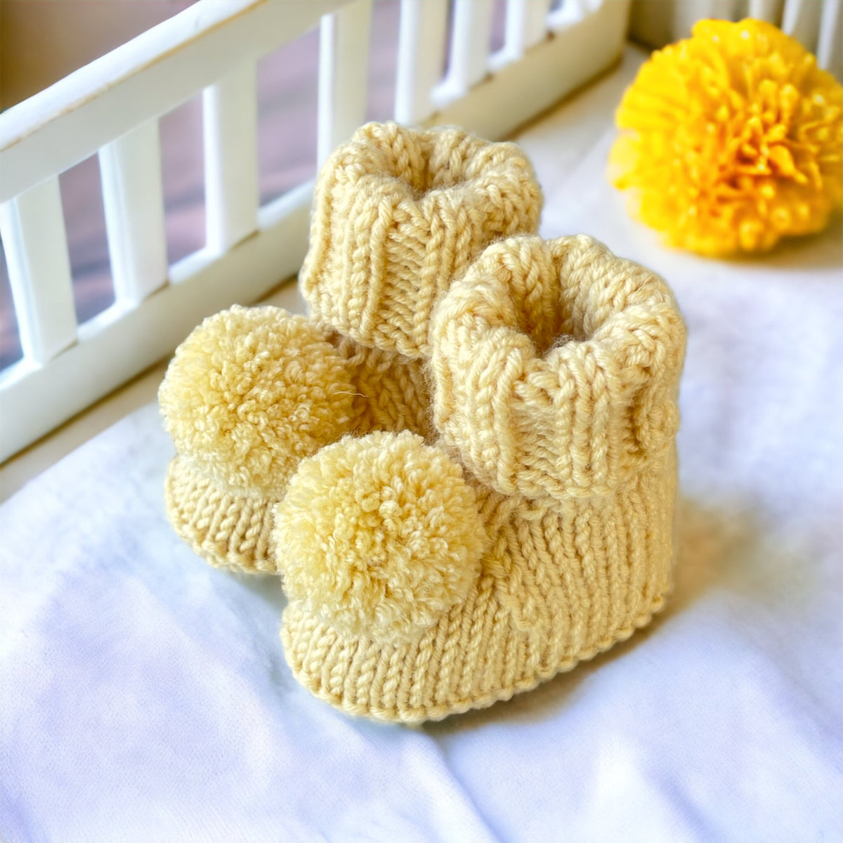 Hand Knitted Baby Booties - Stay on booties - Pom Pom Booties