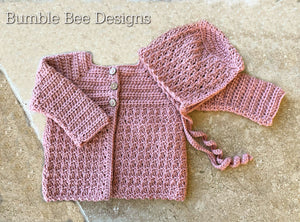 crochet baby cardigan & bonnet set, baby jacket, sizes newborn - 12 months, softest yarn cashmere, silk and merino wool. matching bonnet.