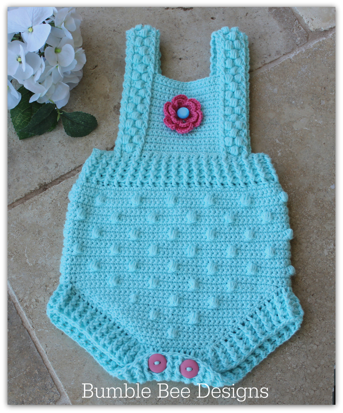 Crochet Cotton Bobble Baby Romper, size 3-9 months. Mary Jane