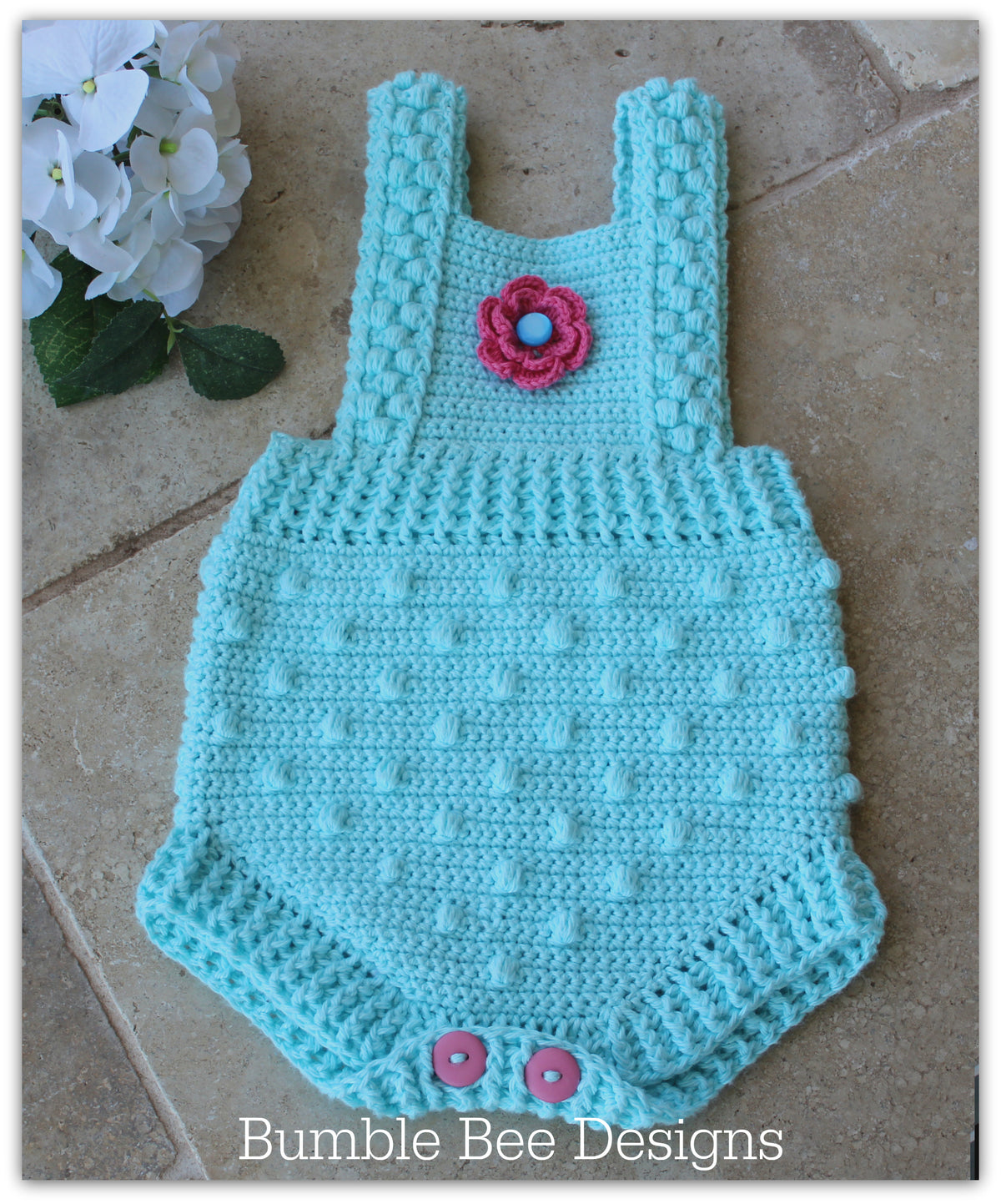 Crochet Cotton Bobble Baby Romper, size 3-9 months. Mary Jane booties –  BumbleBeeDesigns