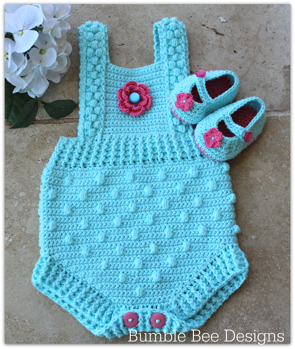 crochet cotton bobble baby romper, size 3-6 months. mary jane booties in soft australian cotton. flower detail.