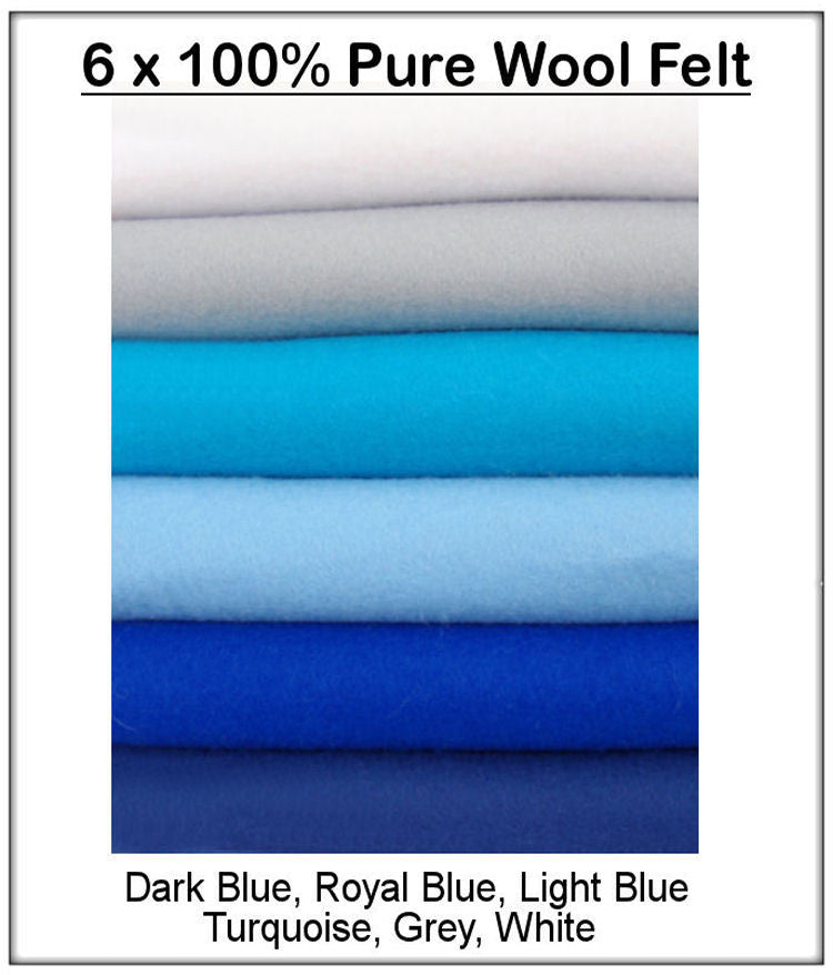 100% pure wool felt - blue shades -6 squares