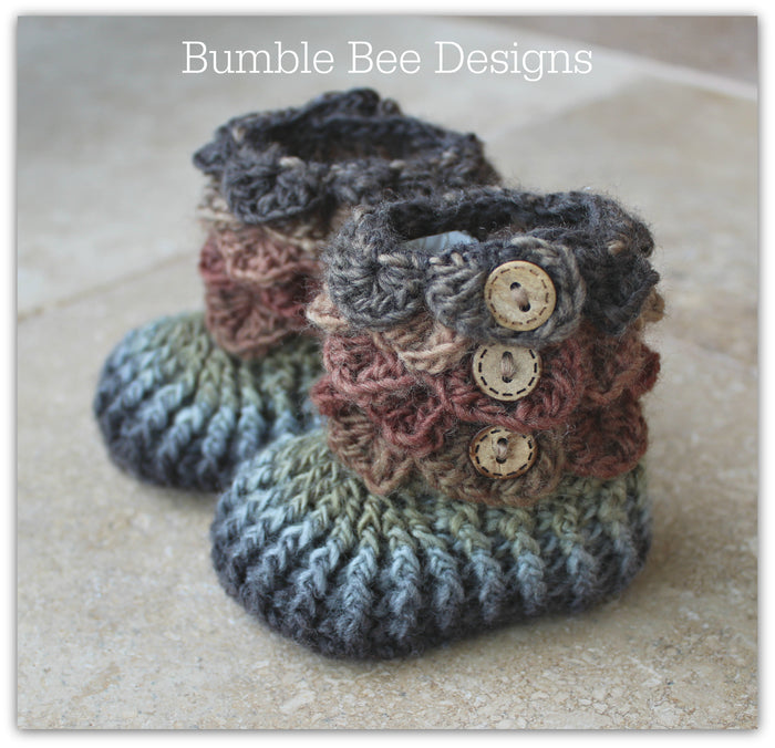 crocodile stitch baby booties that stay on, forest browns and olive, new baby gift, rainbow booties