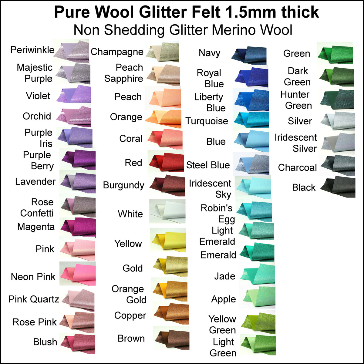 glitter pure wool felt - non shedding - choose your own colours - 15cm x 24cm - 1.5mm