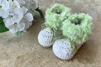 fur crochet baby booties, green fur booties, fur shoes, knitted boots, baby shower, faux fur, softest australian wool, slippers, 0-6 months