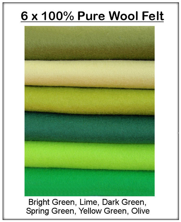 100% pure wool felt - green shades -6 squares