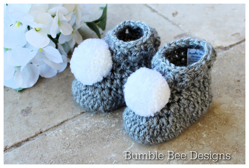 baby pom pom crochet hat - baby booties - crochet baby booties & hat set - softest anti pill acrylic - grey and soft white