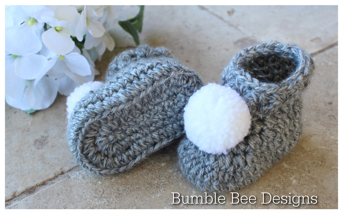 baby pom pom crochet hat - baby booties - crochet baby booties & hat set - softest anti pill acrylic - grey and soft white