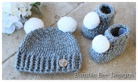 baby pom pom crochet hat - baby booties - crochet baby booties & hat set - softest anti pill acrylic - grey and soft white