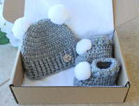 baby pom pom crochet hat - baby booties - crochet baby booties & hat set - softest anti pill acrylic - grey and soft white