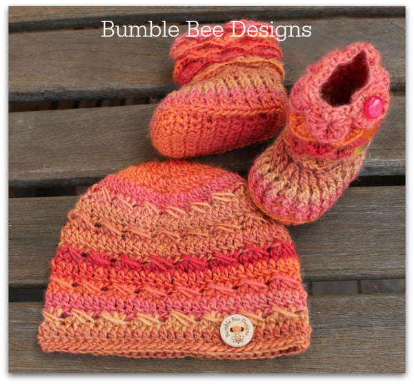 baby beanie - baby hat - baby booties - baby set in rainbow orange, peach & apricot