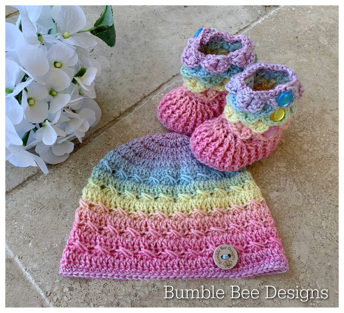 baby beanie - baby hat - rainbow baby booties - crochet baby booties & hat - crochet hat - crocodile stitch baby booties - pastel rainbow