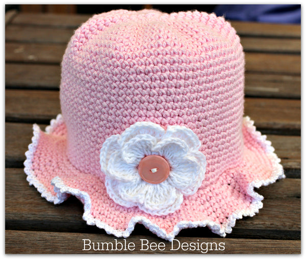 baby sunhat - cotton baby girl pink bonnet flower hat - crochet summer brimmed
