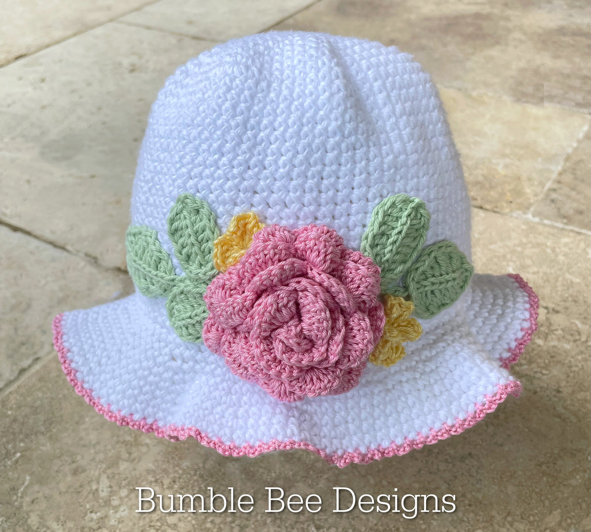 Pink Rose Baby Sunhat - Cotton Baby Girl Bonnet - Flower Hat - Crochet Summer Brimmed