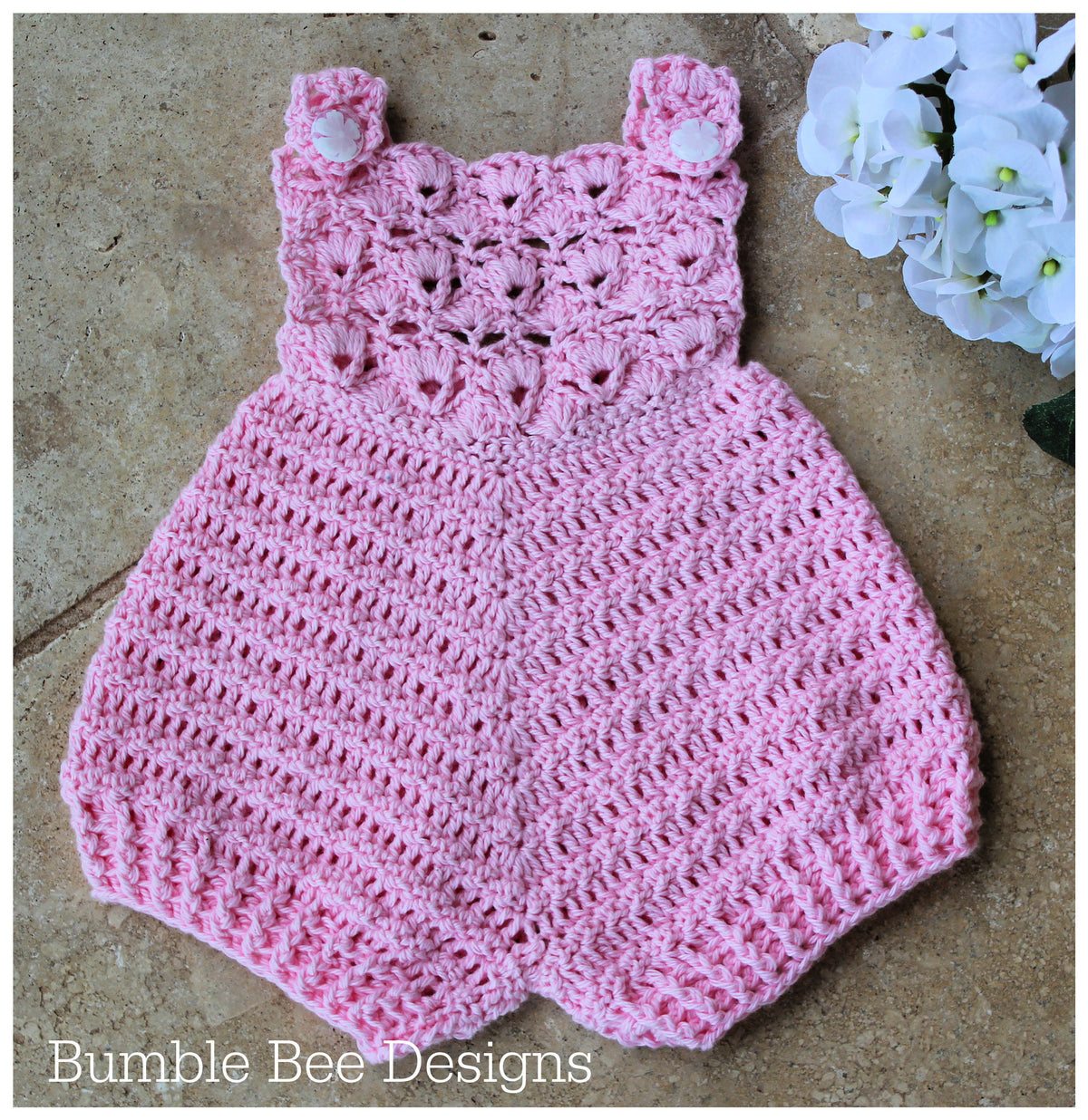 crochet cotton baby romper, rose pink, size 0-3 months. soft australian cotton.